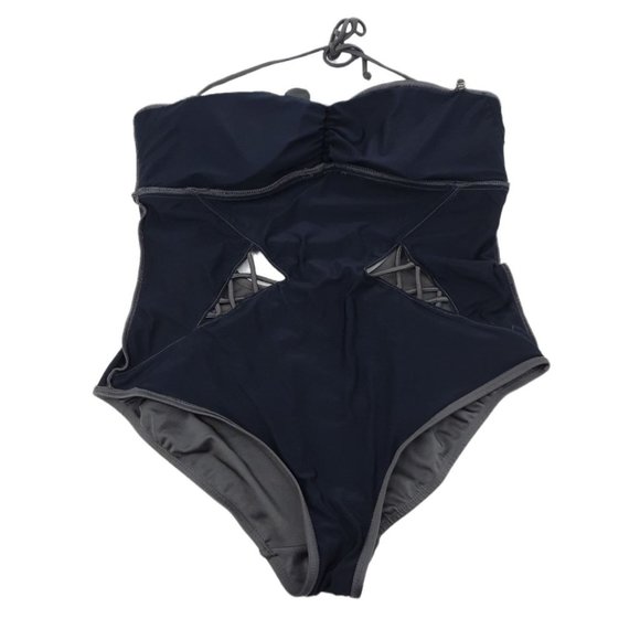 Y2K apostrophe Metallic Gray Cutout Halter Convertible Swimsuit Size L Backless - Picture 6 of 9